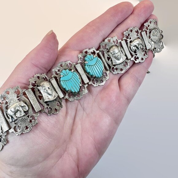 Vintage Egyptian Revival Bracelet: Turquoise Scarabs Art Deco Panel Filigree - Picture 2 of 5